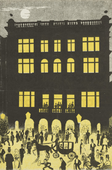 The Trafalgar Square Theatre by Night, late 19th century. A 'hold to light' print which changes when backlit.