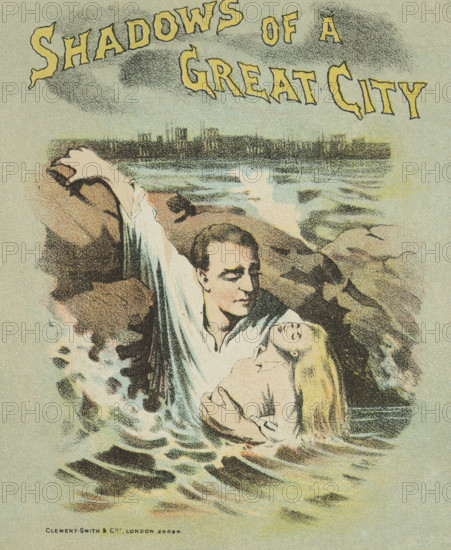 Shadows of a Great City at the Princess's Theatre, 1887. Man rescuing a girl from the sea. Advertisement for a stage show.