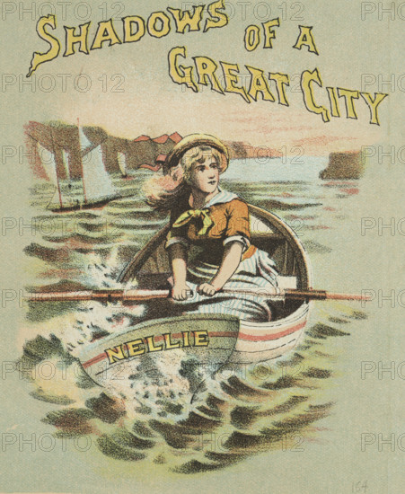 Shadows of a Great City at the Princess's Theatre, 1887. 'Nellie'. Young woman rowing a boat. Advertisement for a stage show.