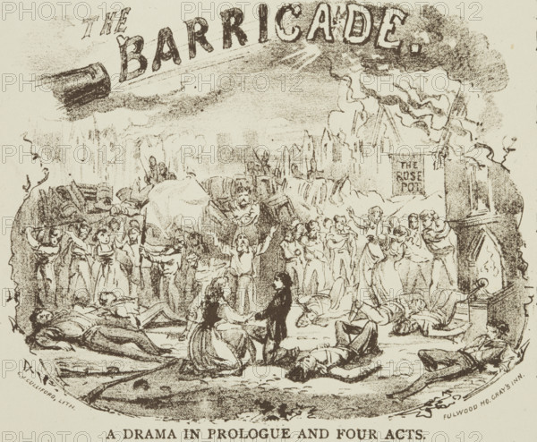 The Barricade - A Drama in Prologue and Four Acts, c1878. 'Grand Production of Victor Hugo's Great Work "Les Miserables", dramatised by Clarence Holt, and entitled "The Barricade"'. Illustrated advertisement for a stage show at the Duke's Theatre, Holborn.