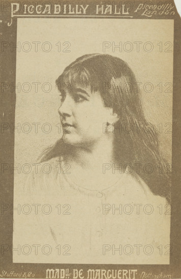 Mademoiselle de Marguerit at Piccadilly Hall, 1886. Portrait of the assistant of Monsieur Verbeck in his séances 'of prestidigitation and mesmerism'.