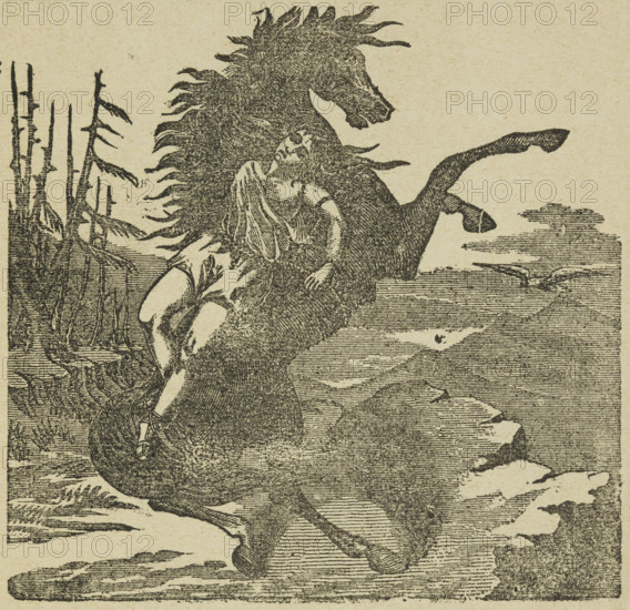 Maude Forrester as Mazeppa at Astley's Theatre, 1882. Illustration from an advertisement for a stage show. Maud Forrester in "Mazeppa or the Wild Horse of Tartary", equestrian act.