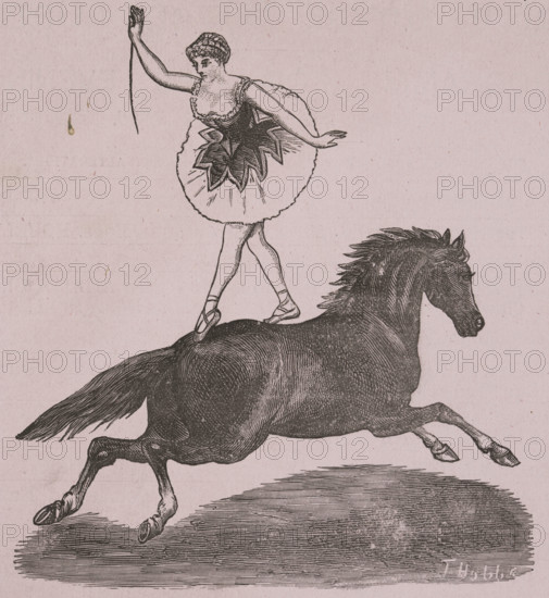 The Great International Cirque at the Theatre Royal, late 19th century. Illustration from an advertisement of a female acrobat balancing on a horse.