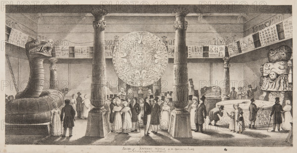 Exhibition of Antient [sic] Mexico at the Egyptian Hall, Piccadilly, London, c1824. Ancient Mexico was an exhibition by William Bullock of casts of Aztec artefacts and both copies and originals of Aztec codices. Objects exhibited included the "calendar stone" (described as "Montezuma's watch"), the statue of Coatlicue (called "Teoyamiqui"), the Stone of Tizoc, and an unidentified statue of a giant serpent. The collection apparently included 'specimens of fruits, plants and flowers, panoramic views of the country and models of dwellings, and other items which give an idea of the people, idols, and customs'. A Mexican man attended the room to describe the artefacts to the visitors.