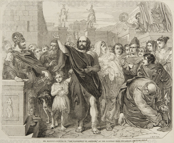Mr Haydon's picture of "The Banishment of Aristides" at the Egyptian Hall, Piccadilly, 1846. Engraving after a painting of Aristides appealing to God as he and his family leave the city of Athens via the Piraean Gate.