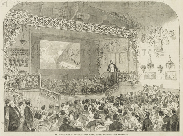 Mr Albert Smith's "Ascent of Mont Blanc", at the Egyptian Hall, Piccadilly, 1852. British author, entertainer, and mountaineer Albert Smith (1816-1860) gives a presentation at the Egyptian Hall in London, in the form of an illustrated lecture on his ascent of Mont Blanc in the French Alps.