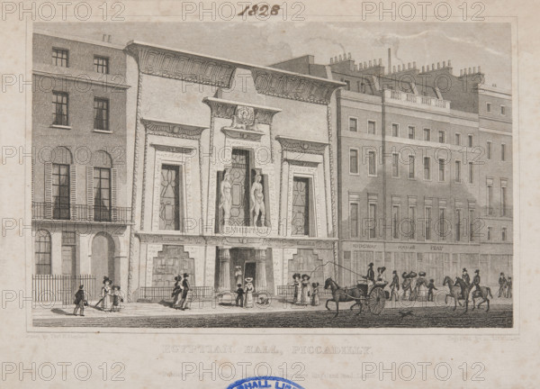Egyptian Hall, Piccadilly, 1828. The Egyptian Hall in London was designed by Frederick Robinson and built in 1812. It was commissioned by William Bullock as a museum to house his collection, but was converted into an exhibition space in 1819.