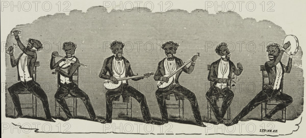 Barnards Troupe of Christy Minstrels, 1869. Illustrated advertisement, probably for a performance at the Egyptian Hall in Piccadilly, London. Minstrel shows were a racist form of entertainment popular in the USA and the UK during the 18th and 19th centuries. Performers - often white people in blackface - depicted negative stereotypes of African Americans. The success of Edwin Pearce Christy's minstrel show led to the phrase 'Christy Minstrels' coming to mean any blackface minstrel show. Barnards Troupe of Christy Minstrels was one of four companies formed at this time, each claiming to be the 'original' Christy Minstrels, because they each boasted one or two former members of the old troupe. They followed their 1869 performances at Egyptian Hall with shows at the St George's Hall, Langham Place.