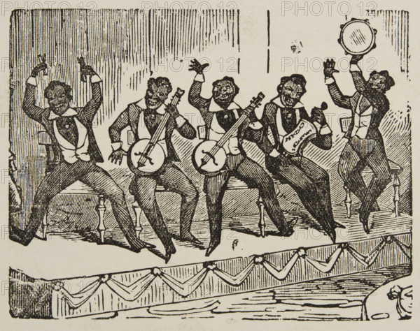 Lantum Ethiopian Serenaders, c1840s. Illustration of a minstrel show group advertising their performance at the Egyptian Hall in Piccadilly, London. A minstrel show was an American form of racist entertainment developed in the early 19th century. Each show consisted of 'comic' skits, variety acts, dancing, and music performances that depicted stereotypes of people of African descent. The shows were mostly performed by white people in make-up or 'blackface', for the purpose of demeaning and dehumanising African Americans.