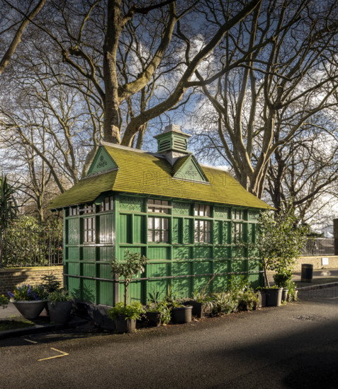 General view of the Cabmen's Shelter from the north-east, Wellington Place, St John's Wood, City of Westminster, London, 2024.