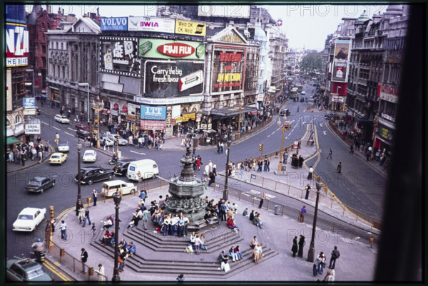 An elevated view looking north-east over Piccadilly Circus and the Shaftesbury Memorial Fountain, or Eros, London, 1977.