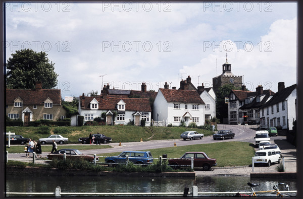 Looking east across the pond at Finchingfield towards houses on The Causeway and Church Hill, Essex, 1980.