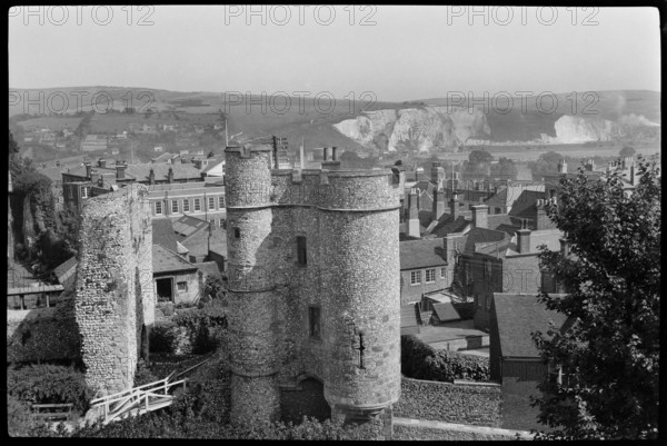A view looking east from the keep of Lewes Castle towards the Barbican and inner gatehouse, East Sussex, 1930s-1940s.