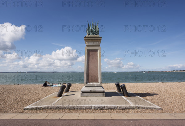 General view of the memorial to the officers, seamen and marines of the HMS Shannon Naval Brigade on Southsea seafront, from the east, 2017.
