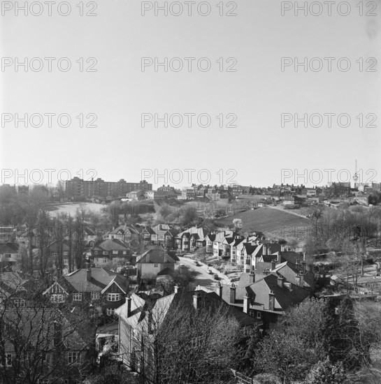 View south from the roof of Southwood Heights, Highgate over Cholmeley Crescent, London, probably 1970s. John Gay lived at 30 Cholmeley Crescent for many years.