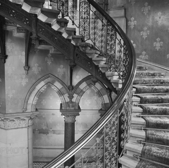 Interior detail showing the iron balustrades of the grand staircase in the Midland Grand Hotel at St Pancras Station, London, 1960-1972.
