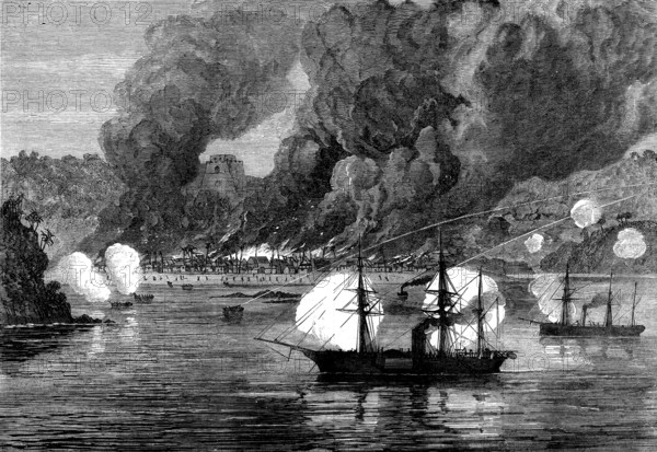 The War on the Gold Coast: bombardment and burning of Bootry by H.M.S. Argus and decoy, Oct. 28, 1873. 'Bootry,...east of Dix Cove, was chastised by Commander Percy Luxmoore, aided by Lieutenants John Hext and Young, with the boats of H.M.S. Argus, sloop, and H.M.S. Decoy, gun-boat, and with a force of small-arm men and marines, a shore rocket party, a few n*gro soldiers of the 2nd West India Regiment...and some n*gro policemen...Bootry was the chief village of a district under the influence of the Ashantees, and has given much annoyance to the loyal people of Dix Cove. Beginning at six in the morning, with a heavy fire of shell from the ships at 800 yards' distance, Commander Luxmoore...landed [a party], and set fire to the "town"...A continual fire was meanwhile kept up from the rocket-boats and guns, to prevent the enemy gathering in the bush, the Decoy at the same time firing up the river, where most of them had gone. None of our side were even wounded. In the sketch here engraved ...