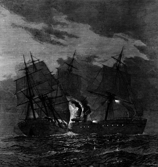 Collision between the Ville du Havre and the Lochearn, 1873. 'The terrible disaster of the loss of the French Atlantic steamship Ville du Havre, with more than 220 lives, by a collision with the sailing-ship Lochearn, of Glasgow...took place, off the Azores...the night before Saturday, the 22nd November. The Ville du Havre had...313 persons on board...Most of the eighty-nine first-class passengers were American ladies and gentlemen, with their children, going to Paris for a pleasure trip..."I was awoke by the collision...and heard some one call out that we were sinking...The passengers were all rushing backward and forward, some crying, 'Save me! save me!' while others fell down and prayed...I tried to help some of the sailors to get a boat off, but the passengers were all jumping into it and frustrating our efforts...As soon as I saw her going below water I jumped off the rail astern and swam towards the Lochearn. The cries of the struggling people behind me I never, never can forget,...