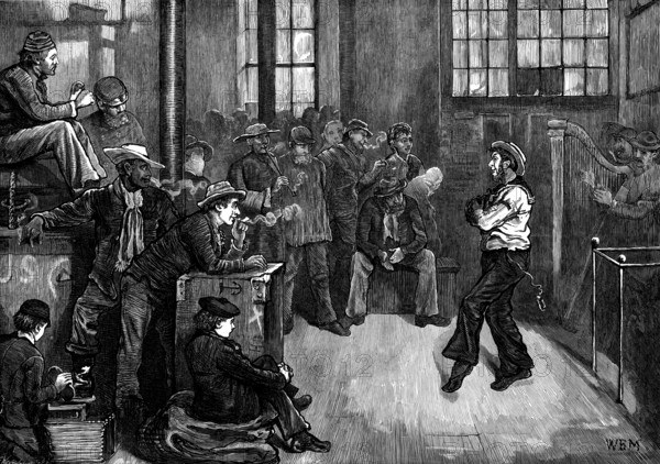 After dinner at the Sailors' Home, East End, 1873. 'In that most useful institution...[in] Wells-street, near the London Docks,...11,000 men belonging to the merchant-vessels that visit this port were last year provided with comfortable lodging and wholesome food...The seamen discharged from a vessel on her arrival in port have the opportunity here of passing, without too much waste of their hard-earned wages, the time which may intervene before they are taken on board another ship for a different voyage. Amusements of a healthy kind, and suitable arrangements for studying useful knowledge, are placed within the reach of those who choose to profit by them. Some will play at a harmless game, while others read the newspaper, the Bible, or some entertaining book; others, again, will write long letters to their friends; some will talk endless yarns of their adventures in distant parts of the world. Now and then, as we see in the Illustration, an expert dancer is invited to please his comra...
