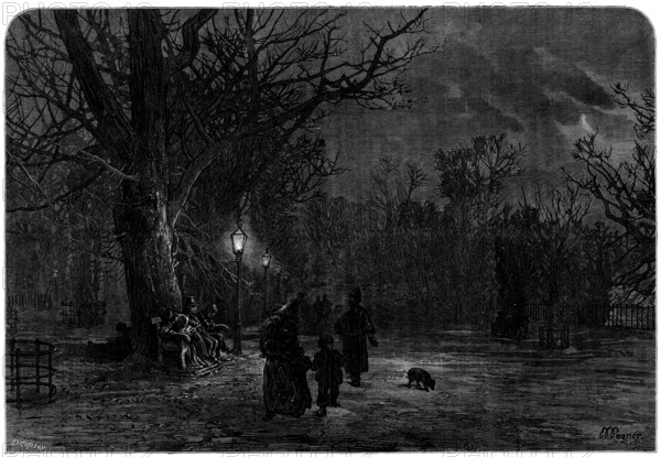Moving On: a sketch in St. James's Park by L. Wagner, 1873. 'As we sit by the warm fireside...we do not much like to think of anybody wanting to stay all night upon a damp bench...Yet there are such desolate and destitute persons loitering there...and it is the duty of a policeman to bid them "move on;" for serious dangers to the peace and safety of her Majesty's liege subjects might be feared if people of every vagrant class were allowed to lurk in any numbers...and to remain long after dark. Such accommodation would be most convenient for the amiable pursuits of the garotter, the burglar, and the treacherous companions, male or female, who might beset the homeward path of a careless reveller to decoy and rob, perhaps even to kill, the unwary prey they would accost with civil or seducing talk...it is [therefore] needful that all should be turned out and that the gates should be closed at nightfall. Some of these reluctant exiles from the inclosed public garden...might no doubt appeal ...