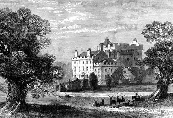 Ancrum House, near Jedburgh, lately destroyed by fire, 1873. '...this mansion, the old ancestral residence of Sir William Scott, Bart., was entirely destroyed by fire...The rapidity with which the fire spread through the rooms, with the absence of any fire-engine...while the fury of the flames increased every moment, too soon proved to Sir William, though hundreds of willing hands, at the sound of the alarm-bell, had flocked from the neighbouring villages to his assistance, that their endeavours were useless, and that the noble old building was doomed...many old family relics, beautiful old carvings, and furniture, and some valuable papers, with nearly the whole of Lady Scott's jewels, were destroyed...now but crumbling walls and a heap of ashes mark where Ancrum House so long had stood. The house, an illustration of which we have engraved, showing the east front...was...of great antiquity...the castle of Ancrum was destroyed by fire in 1513...but with the stone and other materials of ...
