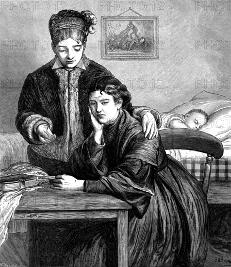 Soldiers' Wives, 1873. '...though a wife may well be expected to mourn if her husband be drowned outside the moaning bar of the harbour in sight of their native village, it is not for his working that she has cause for sorrow, but for his ceasing to work and to live. The soldier's wife, too, may be of the same mind with the sailor's, in tolerating the special risks or dangers of her brave partner's calling and service, as well as the long periods of his absence from home..."And men must fight, though women may weep," is a remark that sounds quite as appropriate, in the present condition of humanity, as that doleful lamentation over the accidental perils of industry...Those whom the reader sees in kindly talk with each other beside the cot of an innocent babe, depicted in our front-page Engraving, are women of different social rank : the one is a lady of refined education and the wife of a distinguished officer; the other, with a heart as true, is the wife of Private Jones, No. 89 in hi...