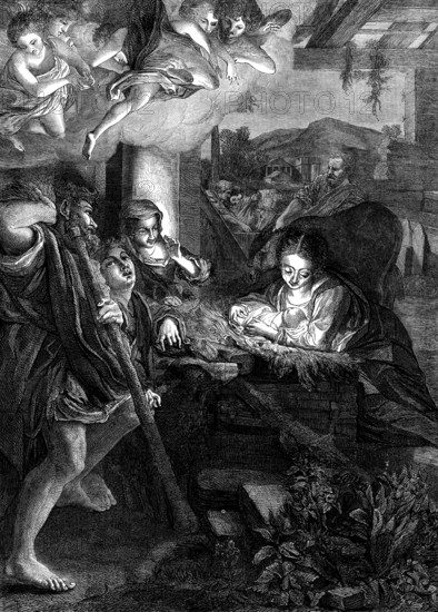 La Notte, from the picture by Correggio, in the Dresden Gallery, 1873. '"La Notte," or "The Night," which we engrave as a fitting art-illustration for this Christmas-tide, this Festival of the Nativity, is the most celebrated of several chefs-d'oeuvre by Correggio...the greatest master of chiaroscuro. This rare charm in art is here exemplified by the exquisite manner in which the light emanating from the Divine Infant is conducted. The supernatural light beams full on the ecstatic face of the Virgin, yet she is undazzled by it; while another female draws back...as though unable to endure the radiance; it brightly illumines the angels above, and it touches more softly the rude faces and forms of the shepherds...Here the simplicity of the drawing of the Virgin and Child is shown in contrast with the foreshortening of the group of angels...The emitting the light from the Child through a supernatural illusion is eminently successful: it looks neither forced nor improbable...the matchless b...