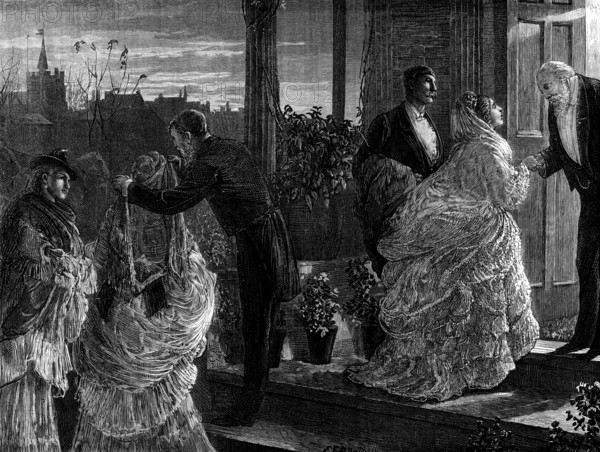 After the Party - drawn by E. F. Brewtnall, 1873. '"The Last Galop," with its giddy whirl of final ecstasy among the insatiable young dancers...has ceased to shake the floor of the ball-room, or rather of the un-carpeted drawing-room, where fifty people have enjoyed themselves from ten o'clock in the evening till four o'clock in the morning. It is time for all to go home: all but the very last of them, as we now perceive, are gone; and these are yet standing upon the doorstep, ready to enter their private or hired broughams, while the polite and genial master of the house, an elderly gentleman with the halo of commercial prosperity around his respectable head, is waiting to dismiss them with a fervent benediction at the starting of the carriages, before he will shut the house door. If he may thank each detachment of the company for the pleasure which their presence has given, it is their part equally to thank him, and his wife and daughters, for the delightful entertainment...but we ar...