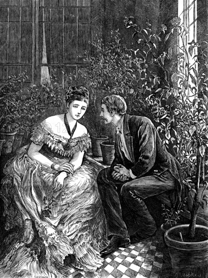 Hide and Seek, 1873. Illustration to a poem by John Latey. 'Where lovers meet is hallowed ground, Nor should unconsecrated eye Within that verge of heaven be found With sacrilegious glance to spy. Ah! fairest flower of womanhood - At least within her lover's eyes; Yet not so beautiful as good, Nor fair as she is loving wise. For see, what pity in her face! What soul of sorrow brooding there! As with a sad, deploring grace She lists to his imploring prayer; And dreads the fatal word to say Which yet her face and eyes have spoken: How can she breathe the fatal nay That sends him from her side heart-broken?...Poor youth, disconsolate, rejected, Bear like a man your sweet rebuff, Nor mope in stricken love dejected, But show you're made of sterner stuff'. From "Illustrated London News", 1873.