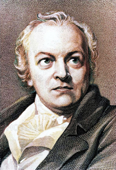 William Blake, English poet, painter, and printmaker, (1906). Although largely ignored by the public of his day, Blake (1770-1845) subsequently came to be regarded as one of the foremost figures of Romanticism. His best-known works include "Jerusalem" (1804-1820) and "The Four Zoas" (1795-1804). Trained at the Royal Academy as an engraver, he devised an innovative technique for producing coloured engravings. Supplement to "The Bookman", 1906. (Colorised black and white print).