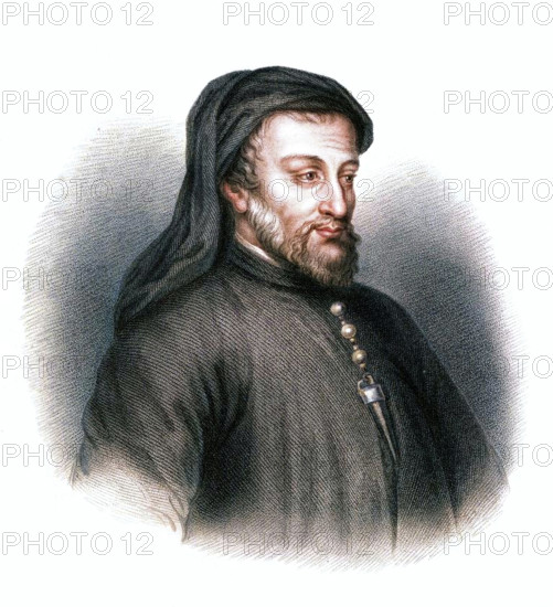 Geoffrey Chaucer, 14th century English author, poet, philosopher, bureaucrat, and diplomat. Portrait of Chaucer, (c1343-1400), author of "The Canterbury Tales". (Colorised black and white print).