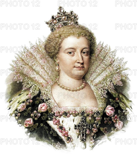 Marie de' Medici. Marie (1573-1642) was the second wife of Henry IV. She acted as regent for their son, Louis XIII, after Henry was assassinated in 1610. (Colorised black and white print).