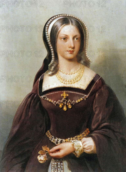 Lady Jane Grey, Queen of England. After the death of the 15 year-old King Edward VI, Lady Jane Grey (c1537-1554), the great-granddaughter of Henry VII, reigned as uncrowned queen regnant of the Kingdom of England for nine days in 1553. She was deposed by Henry VIII's eldest daughter Mary, who had her executed for treason the following year. (Colorised black and white print).