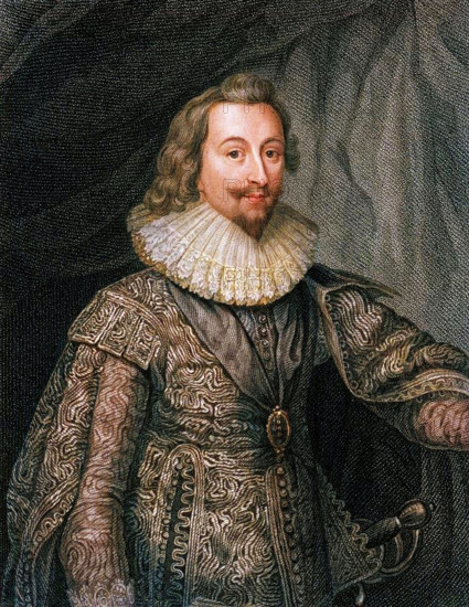 George Villiers, 1st Duke of Buckingham (1592-1628), 1824. Villiers was the favourite, and some claim, lover of King James I of England and one of the most rewarded royal courtiers in British history. He was assassinated in Portsmouth by John Felton. From "Portraits of Illustrious Personages of Great Britain" by Edmund Lodge, published by Harding and Lepard (London, 1824). (Colorised black and white print).