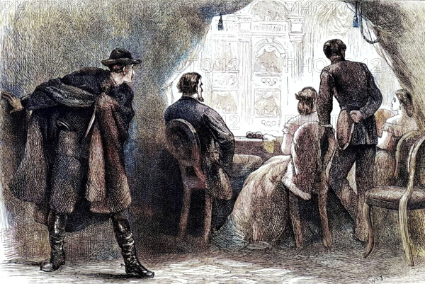 Assassination of President Lincoln, Washington DC, 1865 (c1880). On Good Friday, 14th April 1865, while at Ford's Theatre, Washington, Abraham Lincoln was shot by John Wilkes Booth and died the following morning. A print from Cassell's "History of the United States", by Edmund Ollier, Volume III, Cassell Petter and Galpin, London, c1880. (Colorised black and white print).