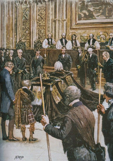 'Funeral of the Prince Consort', c1890. From "Cassell's History of England, Vol. VI." by John Cassell. [A. W. Cowan, Cassell & Company Limited, London, Paris, Melbourne, c1890]. (Colorised black and white print).