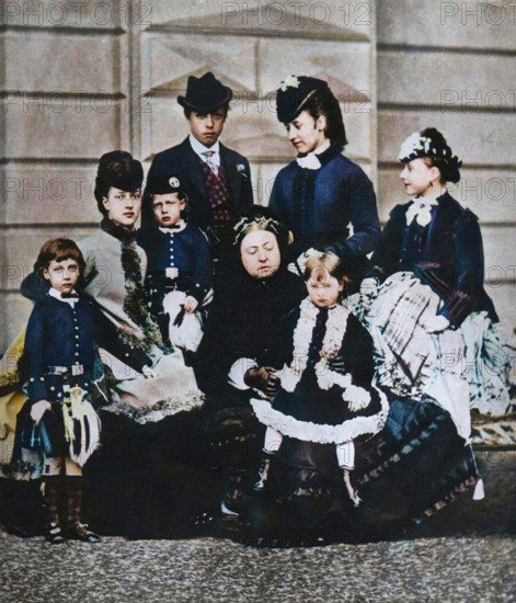 Queen Victoria with her daughter-in-law and grandchildren, c1880 (1935). From "King Emperor's Jubilee", by F. G. H. Salusbury [Daily Express Publications, London, 1935]. (Colorised black and white print).