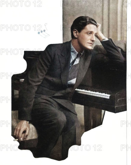 'Ivor Novello confesses: "It Takes Me A Long Time To Compose A Score, But It Only Takes Booth's Two Minutes To Compose A Quarrel', 1935 (1935). Ivor Novello (183-1951), Welsh composer, singer and actor, c1920s. From "An Anthology of Cocktails". From "An Anthology Of Cocktails Together With Selected Observations". [Dorland Advertising Ltd., c1935]. (Colorised black and white print).