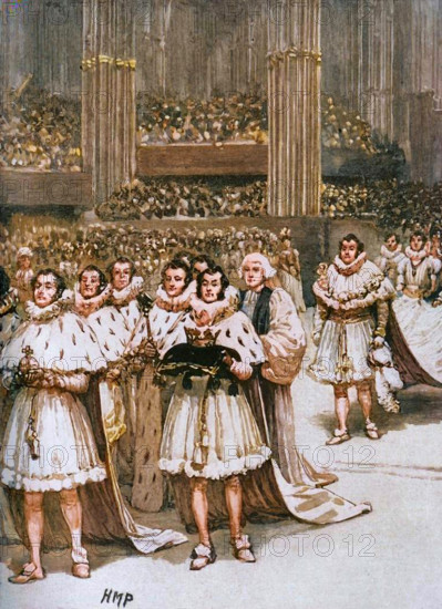 Coronation of King William IV: the royal procession, Westminster Abbey, London, 1830 (c1890). From "Cassell's History of England - Special Edition, Vol. V." [Cassell and Company, Limited, London, Paris, New York & Melbourne, c1890]. (Colorised black and white print).