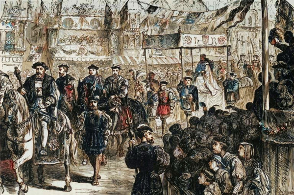 'The Marriage Procession of Anne Boleyn', (1533), 1890. Coronation pageant of Anne Boleyn (c1501-1536) on the 25 of January 1533 when she  became Queen of England  by marriage to King Henry VIII. From "Cassell's Illustrated Universal History, Vol. IV - Modern History", by Edmund Ollier. [Cassell and Company, Limited, London, Paris and Melbourne, 1890]. (Colorised black and white print).