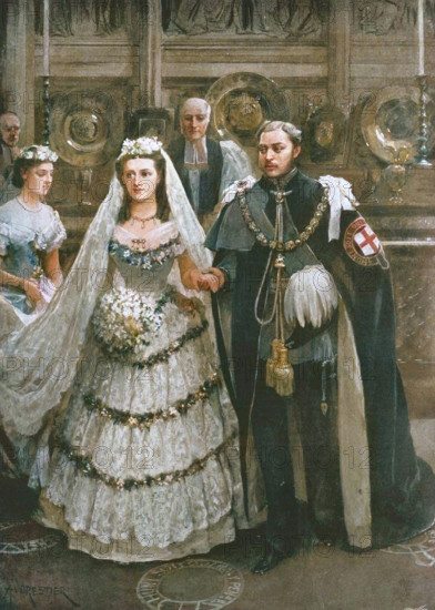 'The Marriage of the Prince of Wales with Princess Alexandra of Denmark in St. George's Chapel, Windsor, March 10th, 1863', (1901). Prince Albert Edward (1841-1910), the future King Edward VII, married Princess Alexandra of Denmark (1844-1925, future Queen Alexandra) at St George's Chapel in Windsor Castle, Berkshire. From "The Illustrated London News Record of the Glorious Reign of Queen Victoria 1837-1901: The Life and Accession of King Edward VII. and the Life of Queen Alexandra". [London, 1901]. (Colorised black and white print).