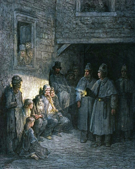 'The Bull's-Eye', 1872. From, "LONDON. A Pilgrimage" by Gustave Dore and Blanchard Jerrold. [Grant and Co., 72-78, Turnmill Street, E.C., 1872]. (Colorised black and white print).