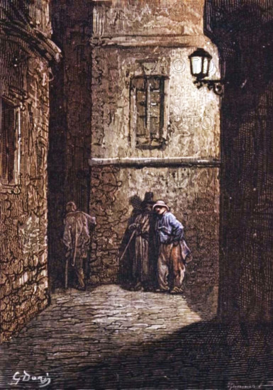 'Whitechapel-A Shady Place', 1872. From, "LONDON. A Pilgrimage" by Gustave Dore and Blanchard Jerrold. [Grant and Co., 72-78, Turnmill Street, E.C., 1872]. (Colorised black and white print).