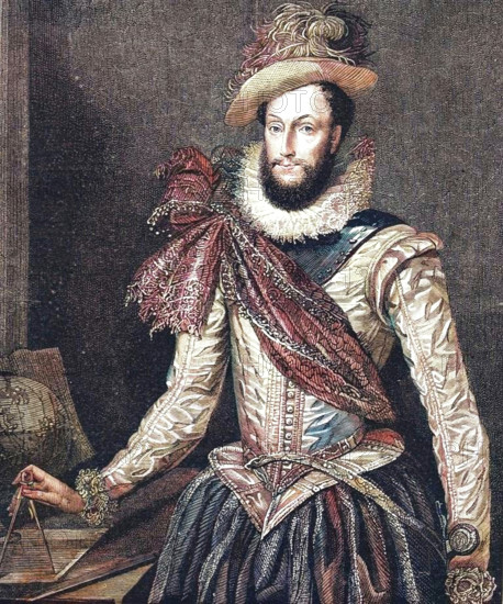 ''Sir Walter Raleigh, 1588', 1888. From, 'The Graphic. An Illustrated Weekly Newspaper Volume38. July to December, 1888'. (Colorised black and white print).