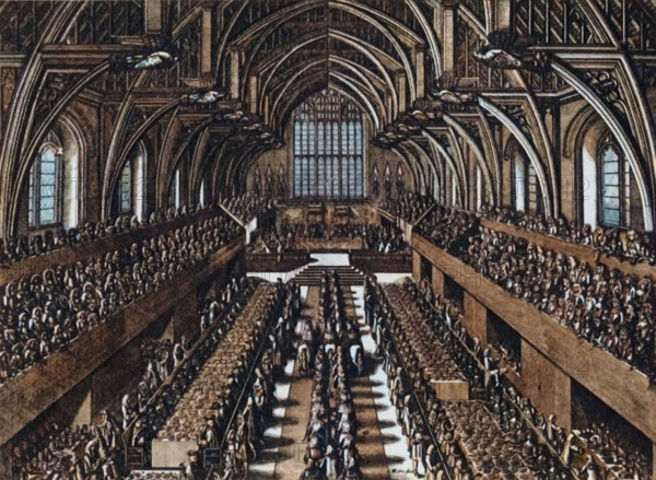 'The Coronation Dinner of James II in Westminster Hall', 1685, (1947). Banquet held in Westminster Hall at the Palace of Westminster in London, to celebrate the coronation of King James II. From "The House of Commons", by Martin Lindsay M.P. [Collins, London, 1947]. (Colorised black and white print).