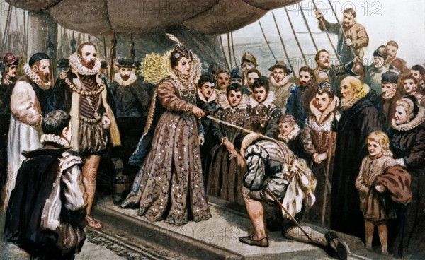 'Queen Elizabeth Knighting Sir Francis Drake', (1902). Elizabeth I awarded Drake a knighthood in 1581, which he received aboard the Golden Hind in Deptford. From "King Edward's Realm; Story of the Making of the Empire", by the Rev. C. S. Dawe, B.A. [The Educational Supply Association, Limited, Holborn Viaduct, London, 1902]. (Colorised black and white print).