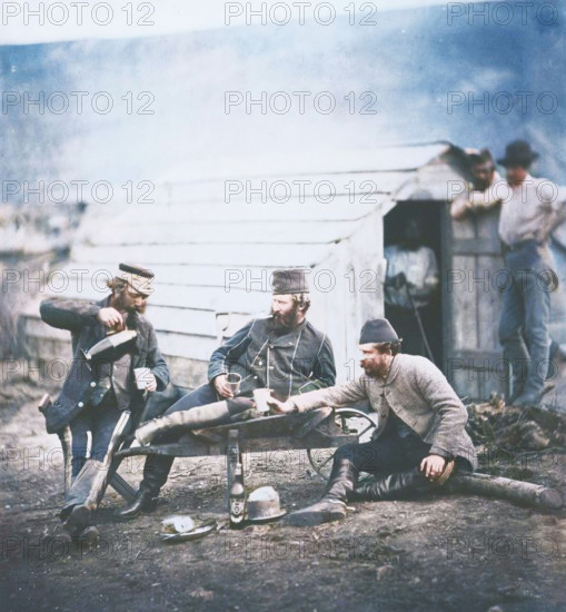 Hardships in the Camp, 1855. A work made of salted paper print, plate 40 from the album "photographs taken in the crimea" (1856). (Colorised black and white print).
