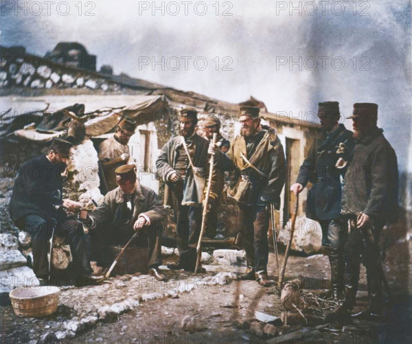 Lieutenant Colonel Shadforth and Officers of the 57th, 1855. A work made of salted paper print, plate 47 from the album "photographs taken in the crimea" (1856). (Colorised black and white print).