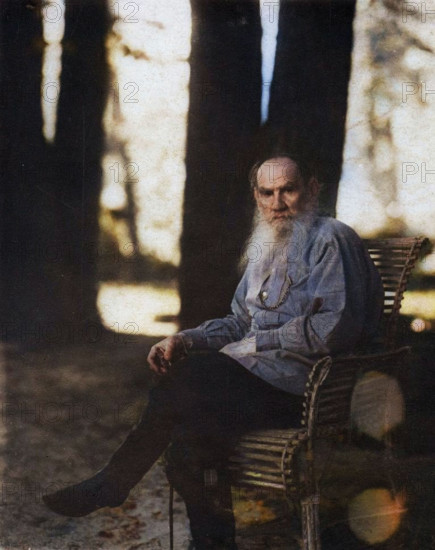 L.N. Tolstoi, in Iasnaia Poliana, 1908. In album: Various views and studies, Russian Empire and Europe. (Colorised black and white print).