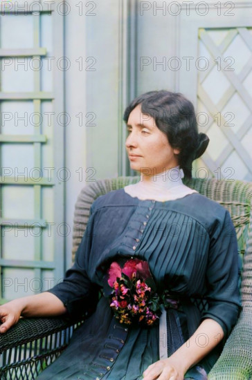 Helen Keller, 1913. Shows Helen Keller (1880-1968) possibly at the International Flower Show, New York City, April 1913. (Colorised black and white print).